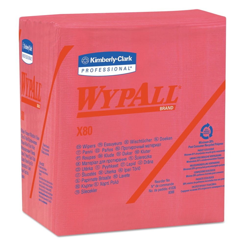 WypAll X80 Cloths, 1/4 Fold, HYDROKNIT, 12 1/2 x 12, Red, 50/Box, 4 Boxes/Carton
