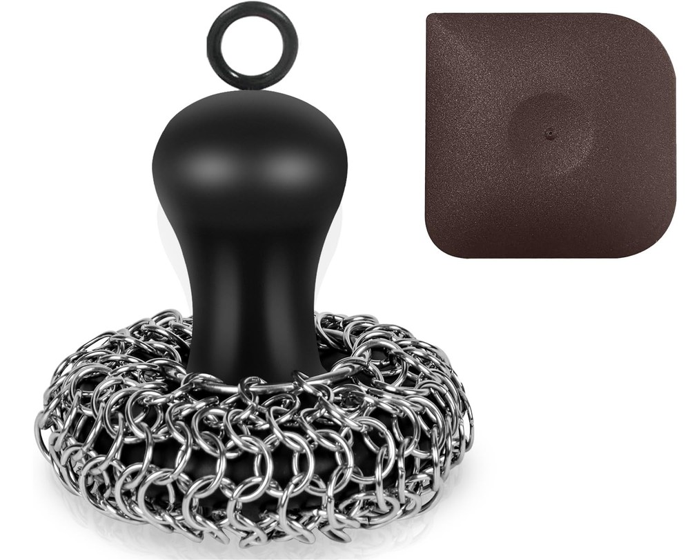Cast Iron Cleaner Scrubber with Pan Scraper, Patented Chain Mail Black