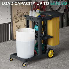 3-Shelf Janitorial Cleaning Cart with 2 Yellow Bags & Gloves – Black