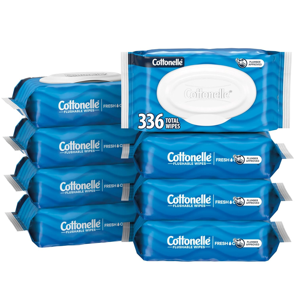 Fresh Feel Flushable Wet Wipes, Adult Wet Wipes, 8 Flip-Top Packs, 42 Wipes per