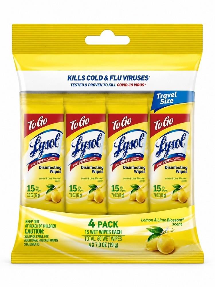 Lysol Disinfecting Wipes To-Go Pack, Lemon Scent, 15 Count (Pack of 4