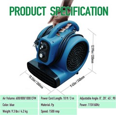 Air Mover 1/4 HP 1000 CFM Carpet Dryer Cooling & Ventilating Portable Floor