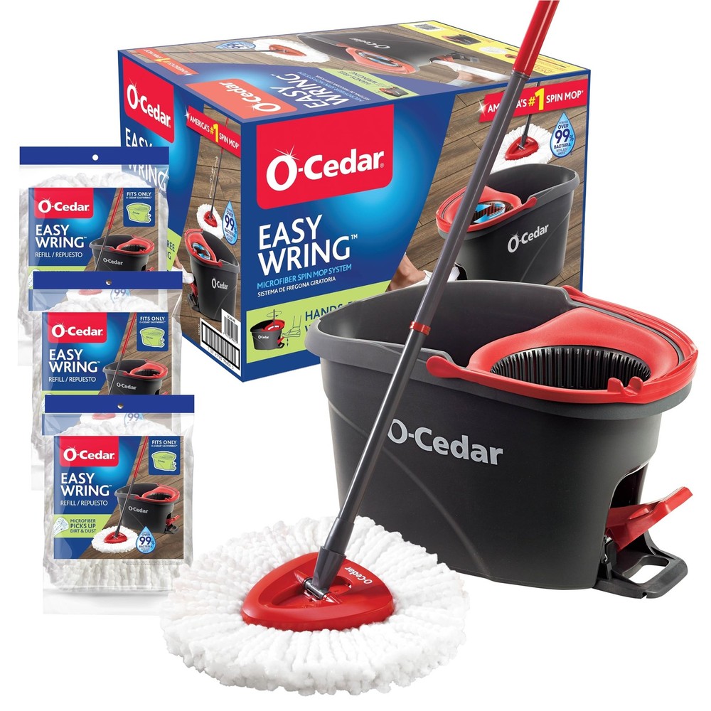 O-Cedar System Easy Wring Spin Mop & Bucket with 3 Extra Refills Modern