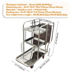 Stainless Steel 3 Shelf Janitor Cart With Cloth Bag Cleaning Vehicle 220LB