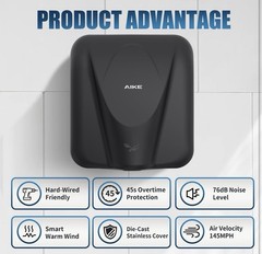 AIKE Elephant Power Commercial Hand Dryer High Speed Auto Matte Black AK2812