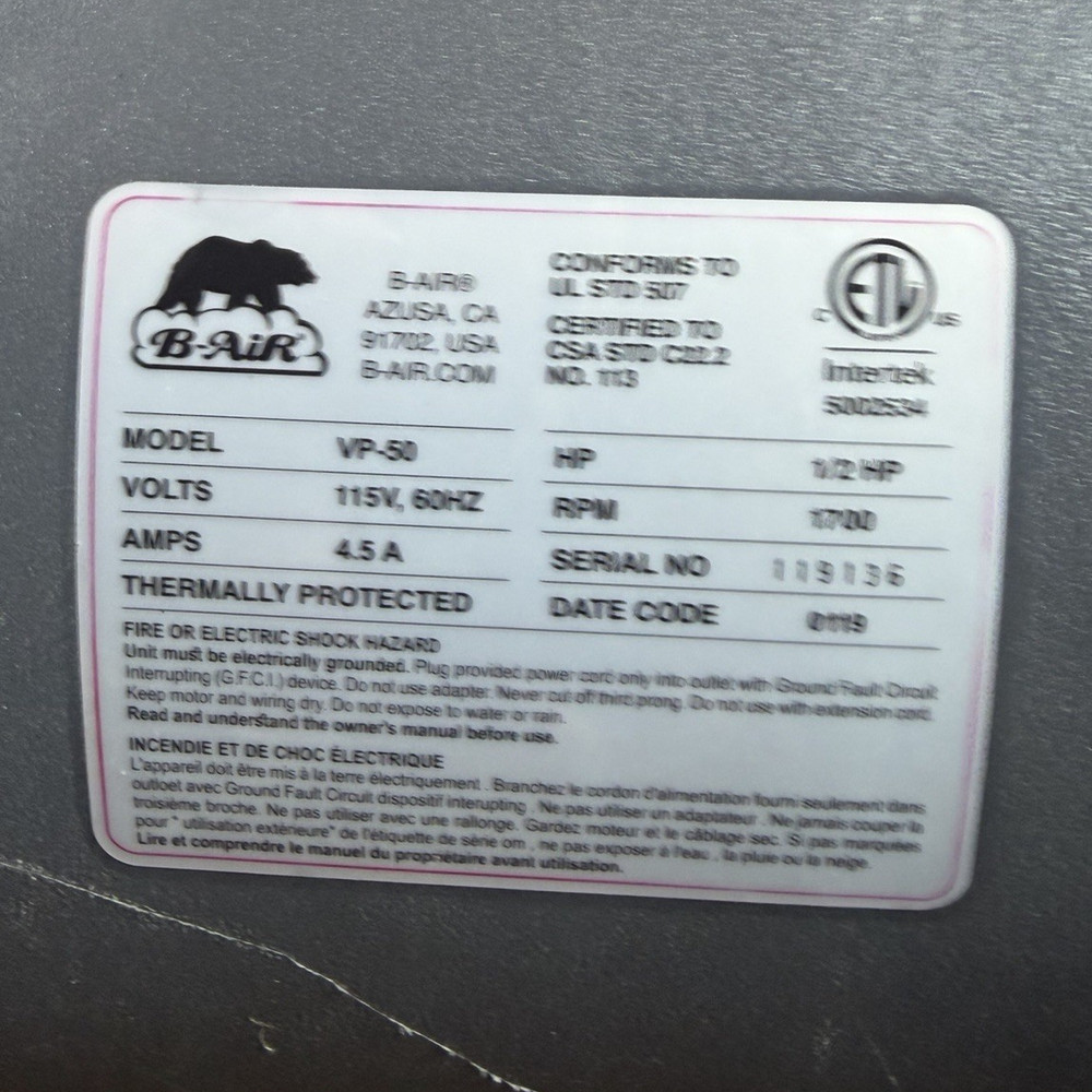 B-Air VP-50 Air Mover Blower Fan 1/12 HP 115V 60Hz 4.5A Gray