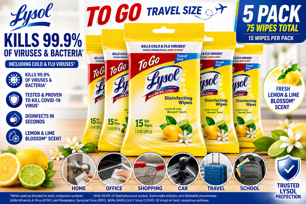Lysol Disinfecting Wipes To Go Travel Size 5 Pack 75 Wipes Lemon Lime