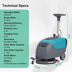 16″ Walk-behind Floor Scrubber Machine 24000 Sqft/h 11-gal Tank 24″ Suction