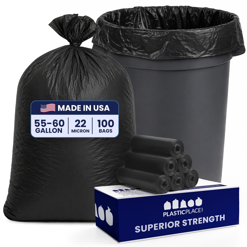 Plasticplace 55-60 Gallon Trash Bags Heavy Duty Black Garbage Bags 100 Count