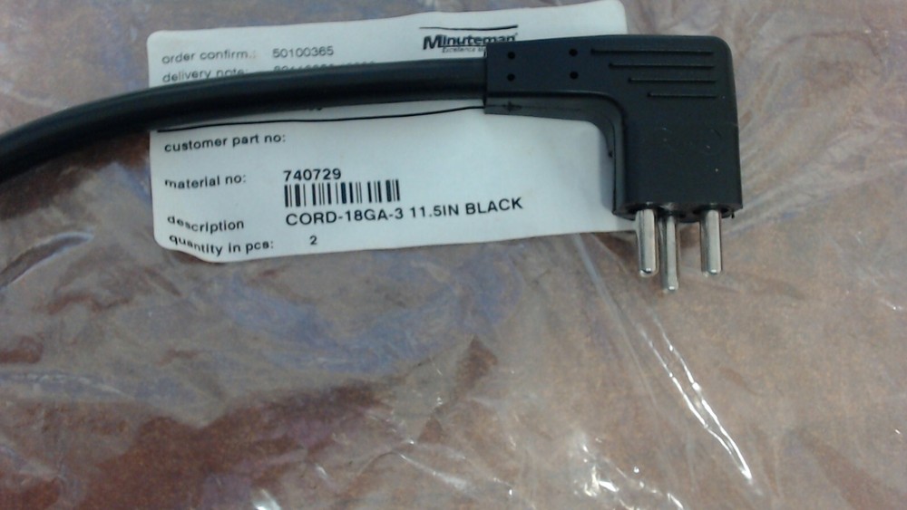 Minuteman 740729 Cord-18GA-3 11.5 In Black  Power Cord Molded Plug
