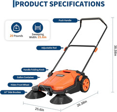 Walk-Behind Floor Sweeper, 25.6 in Sweeping Width, Outdoor Hand Push Sweeper, 5
