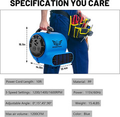 Air Mover Blower Fan, Industrial 1/3HP 1200CFM Monster Floor Blower Carpet Dryer