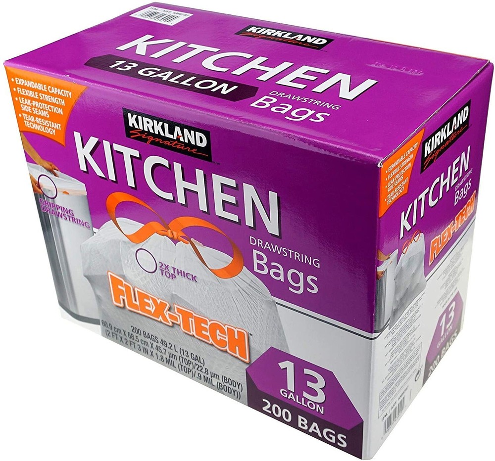 Kirkland Signature Drawstring Kitchen Trash Bags – 13 Gallon 200 Count Pack Of