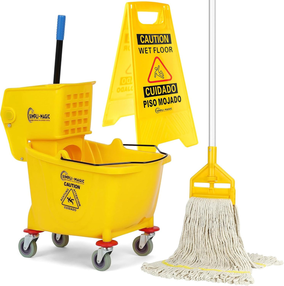 Side Press Wringer Combo Commercial Mop Bucket on Wheels, 35 Quart,Yellow, Inclu