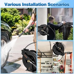 FIXFANS Pressure Washer Hose Reel with for Hot and 50 FT, Black, Grey
