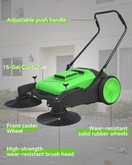 Walk-Behind Hand Push Floor Sweeper 41″ Width 15 Gallon Waste Container Green