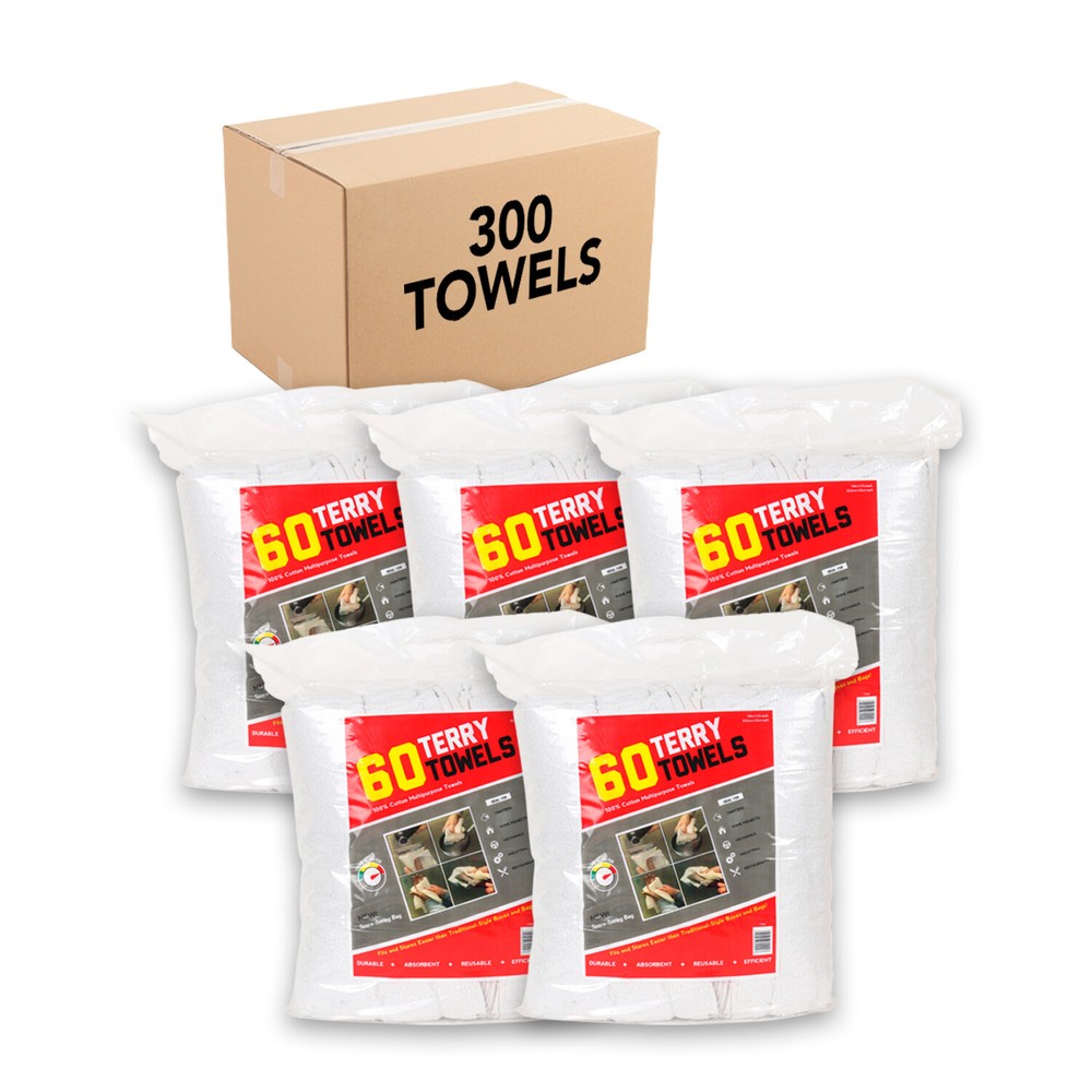 Case of 300 Terry Towels – 5 Bags of 60 All Purpose Cleaning Grade Rags – White