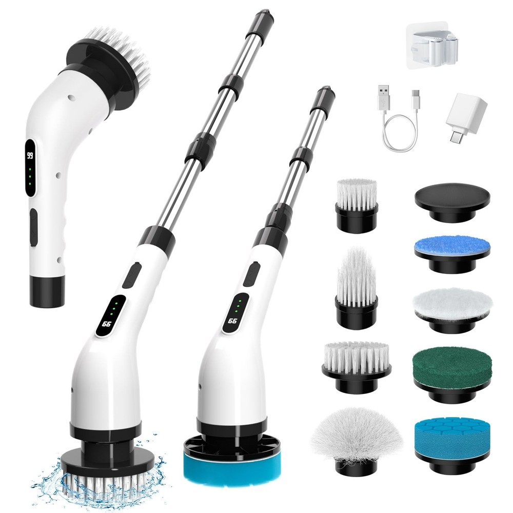 Electric Spin Scrubber for Cleaning, 9 in 1 Changeable Bathroom Black&white