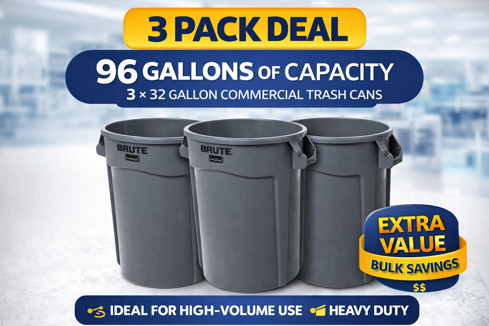 Rubbermaid BRUTE 32 Gallon Trash Can 3 Pack Gray Heavy Duty FG263200GRAY