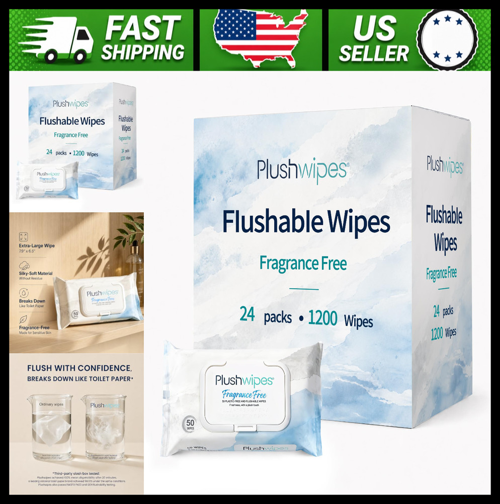 Flushable Wet Wipes, Fragrance Free, Extra Large, 1200 Count, Septic Safe