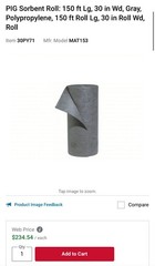 PIG Sorbent Roll: 150 ft Lg, 30 in Wd, Gray, Polypropylene. New
