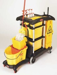 Rubbermaid FG9T7300BLA HYGEN Microfiber High-Capacity Janitor Cart with Bins