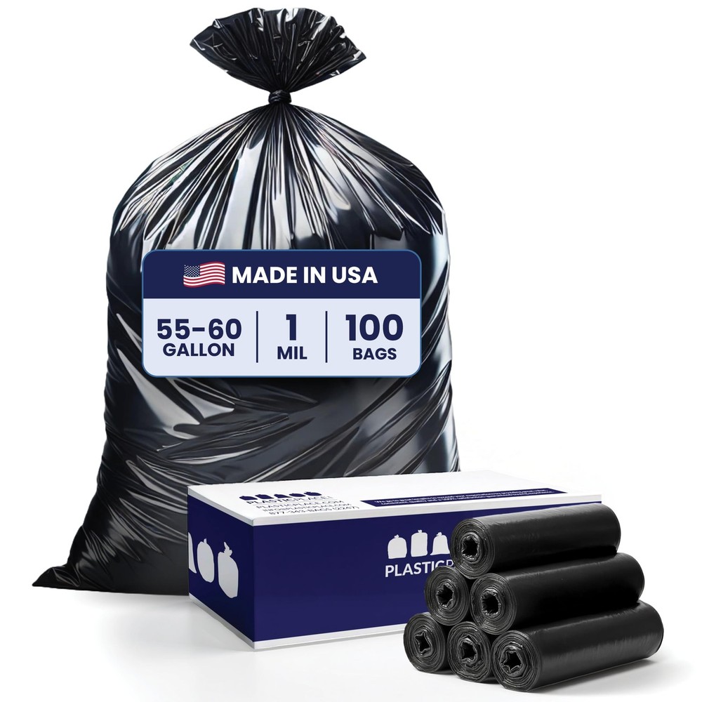 Plasticplace 55-60 Gallon Trash Bags │ 1.0 Mil │ 100 Count (Pack of 1), Black