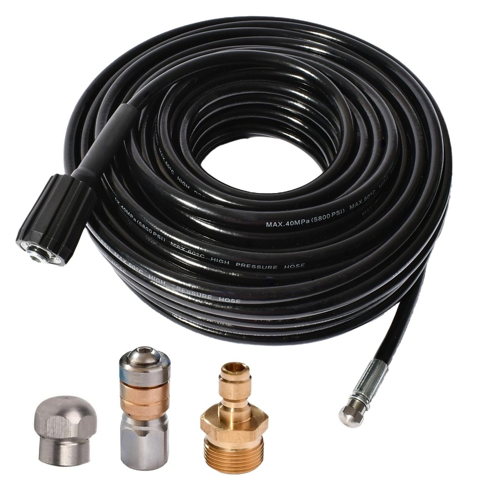 50FT 5800 PSI Pressure Washer Hose Jetter Nozzles Kit 1/8”NPT Sewer