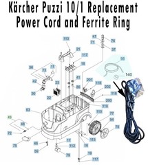 Karcher Puzzi 10/1 OEM Replacement Power Cord (95) and Ferrite Ring (140)