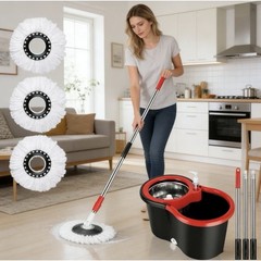 Mop Bucket with Side-Press , Drain, Comfort Handle, includes 3 replacement heads