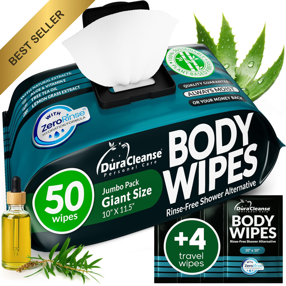 XL Body Wipes for Men 50 No Rinse Shower Sheets Travel Deodorant Washcloths