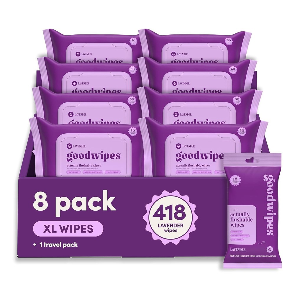 goodwipes XL Flushable Wet Wipes Lavender 418 Count 8 Pack + Travel Pack