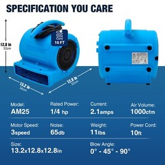 MOUNTO 1/4hp 1000cfm Air Mover Floor Blower Fan for Drying, Cooling, Ventilation