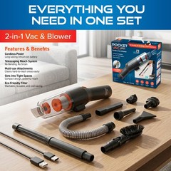 Pocket Vac Reach Handheld Vacuum w/ 3ft Extension Wand – Cordless 2-in-1…