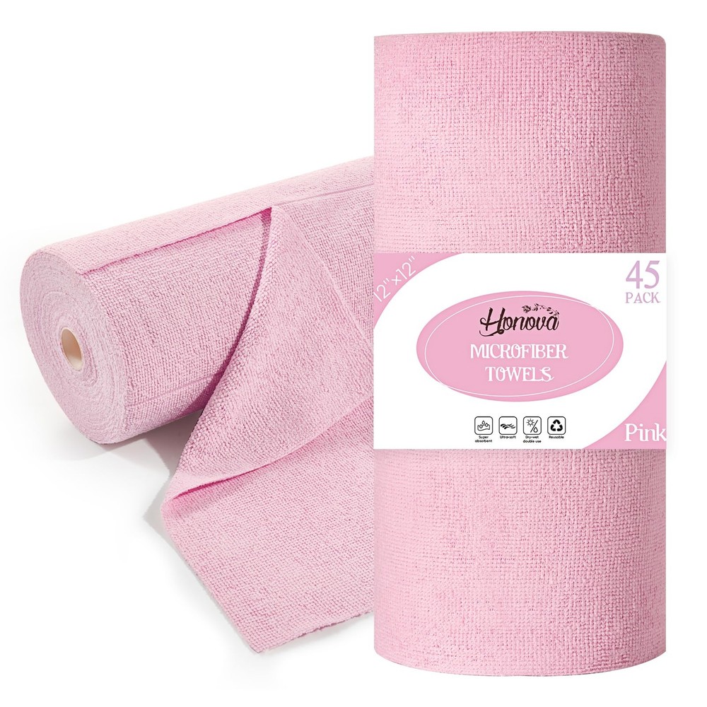 HONOVA Microfiber Cleaning Cloth Roll 45 Pack, 12”×12″ Reusable 12*12, Pink
