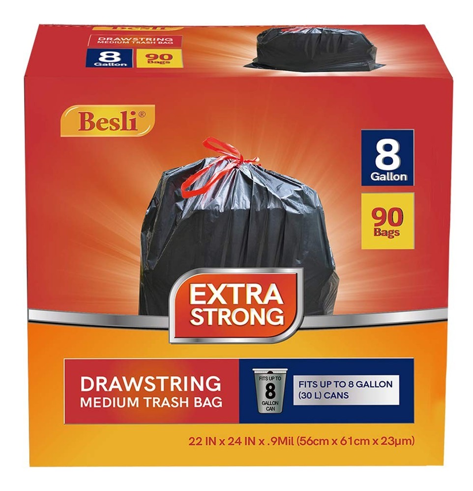 Besli 8 Gallon Black Drawstring Trash Bag Garbage 90 Count (Pack of 1),