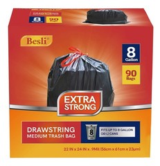 Besli 8 Gallon Black Drawstring Trash Bag Garbage 90 Count (Pack of 1),