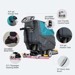 22″ Walk-behind Floor Scrubber Machine 32000 Sqft/h 18.5-gal Tank 31.5″ Suction