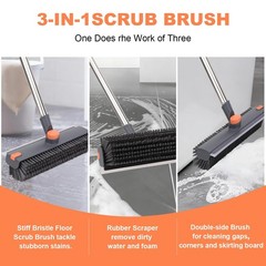 Floor Scrub Brush with 64″ Long Handle – 360° Swivel Heads Household Push B
