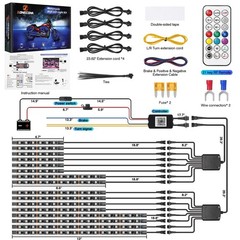 Zonecona 16Pcs Chasing Effect Motorcycle Rgb Led Lights Kit App/Rf Remote Brake