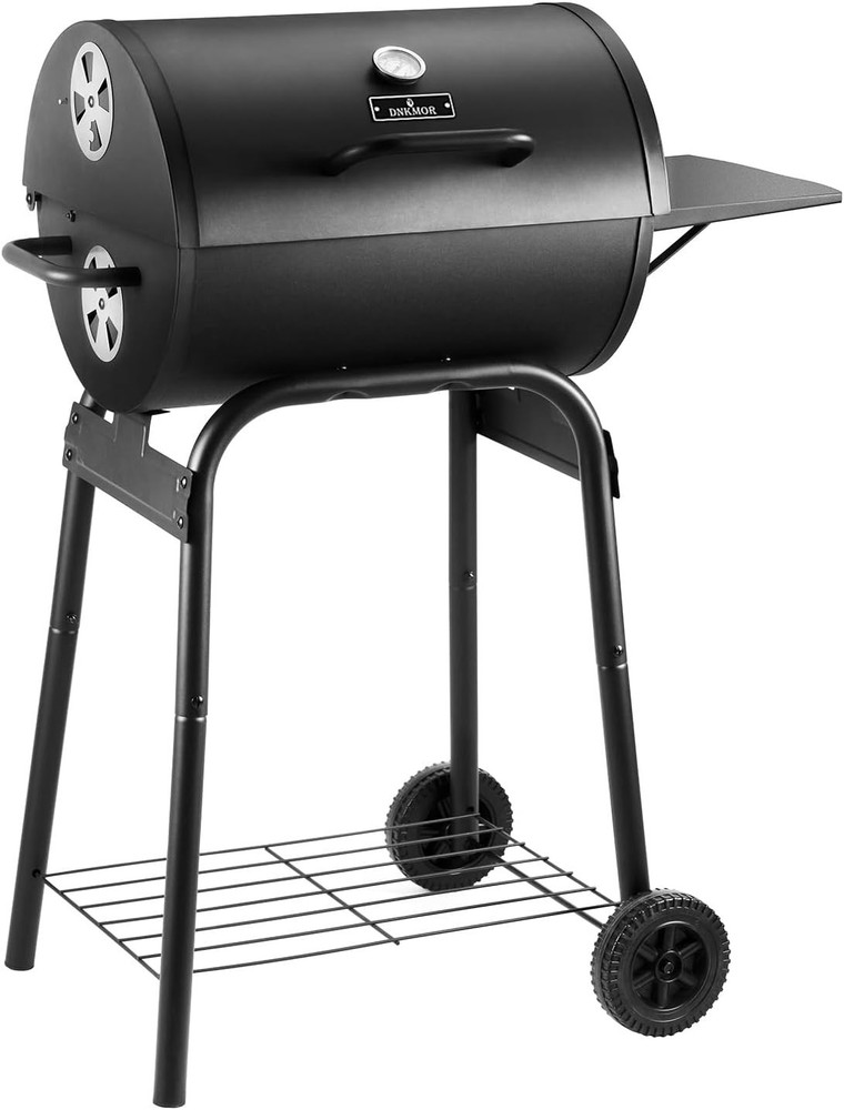 Outdoor Charcoal BBQ Grill Barrel Smoker w/ Side Table 500 Sq In Black