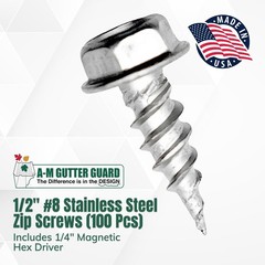 A-M Gutter Guard – 1/2″ #8 Stainless Steel Zip Screws – 8, Silver