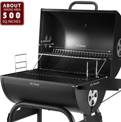 Outdoor Charcoal BBQ Grill Barrel Smoker w/ Side Table 500 Sq In Black
