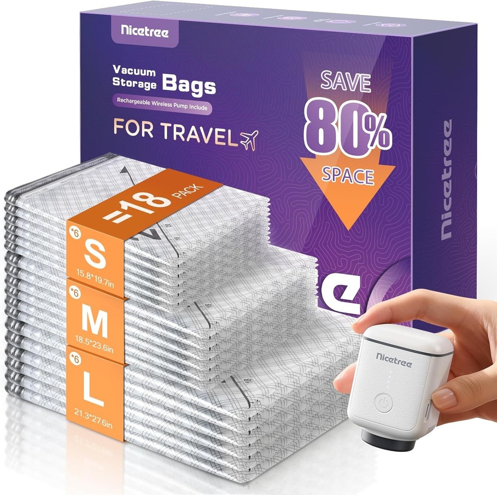 18-Pack Vacuum Bags for Travel with Rechargeable Pump, Compression Packing Bags