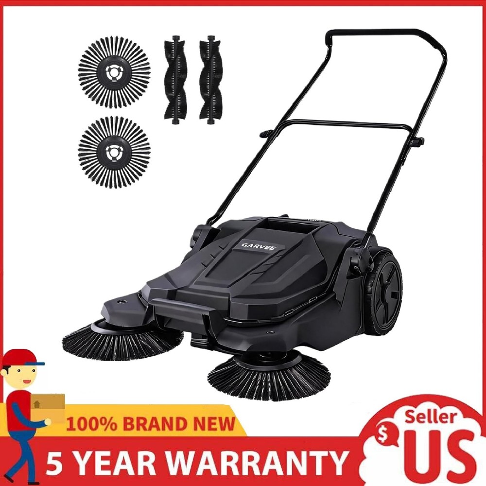 Walk-Behind Hand Push Floor Sweeper Manual 25.6″ Width ,5-Gallon Waste Container