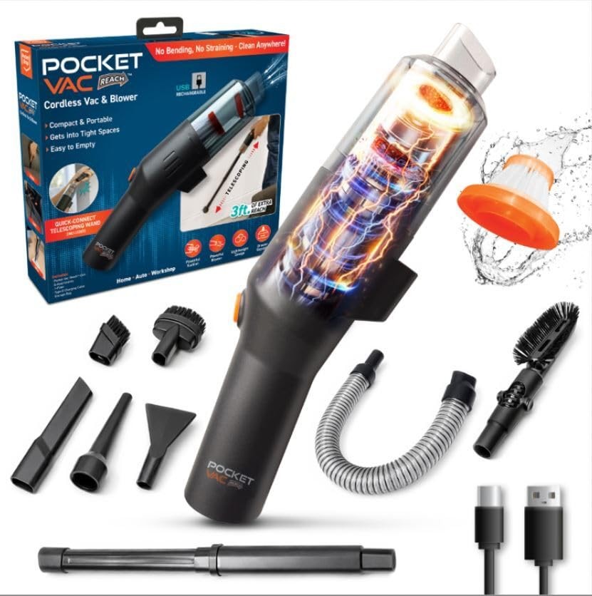 Pocket Vac Reach Handheld Vacuum w/ 3ft Extension Wand – Cordless 2-in-1…