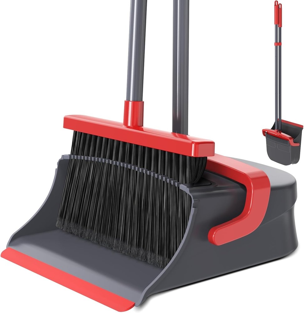 Red Gray Self-Cleaning Sweep Kit Long Handle Captures Pet Hair Indoor