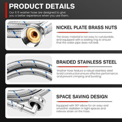 6Ft Stainless Steel Washer Hose with 90 Degree Elbow by Puxyblue Red and Blue