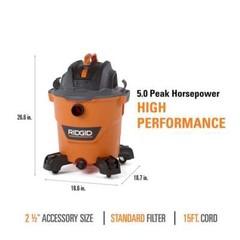 RIDGID 12 Gallon 5.0 Peak HP NXT Wet Dry Vac w/ General Debris Filter & Hose