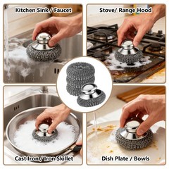 Steel Wool Scrubber, 4-Pack Stainless 1 Handle+3 Pads, Silver-gray